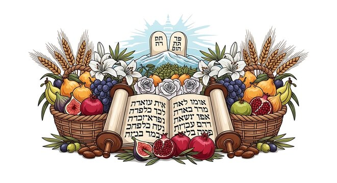 Traditional Jewish Shavuot holiday illustration with Torah scroll, Ten Commandments, and first fruits basket
