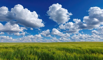Fototapeta premium Vast green field beneath a bright blue sky with fluffy white clouds