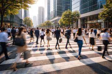 Obraz premium Busy urban street filled with commuters crossing at sunset