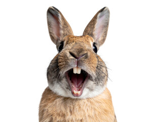 Obraz premium A wild rabbit with open mouth and prominent teeth, expressing excitement