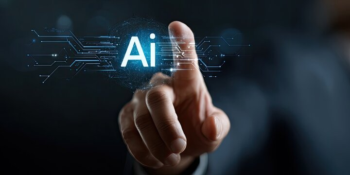 A hand touches the glowing word "AI" with circuits behind it on a dark background