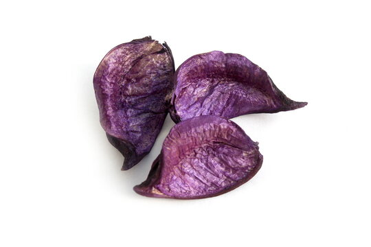 Dry lavender petals lie on a white background.
