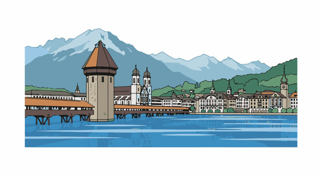 Scenic town with covered bridge, towers, and mountains reflected in water