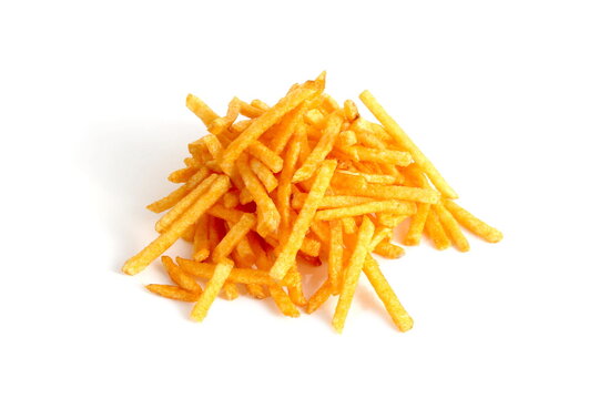 There is a small pile of fried potatoes on a white background.