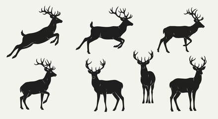 Fototapeta premium Silhouetted deer in various dynamic poses, set against a plain background