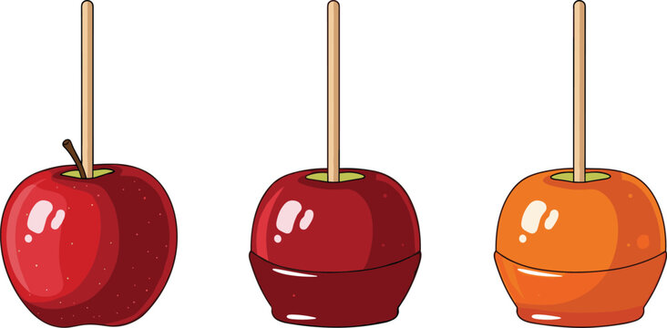Caramel apple set with red and orange candy coated apples on sticks, sweet autumn fair treats vector illustration isolated collection