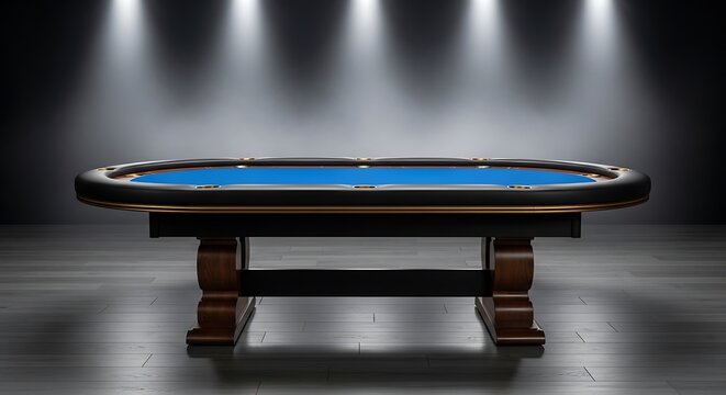 Elegant, oval poker table with blue felt and wood base, illuminated against a dark backdrop