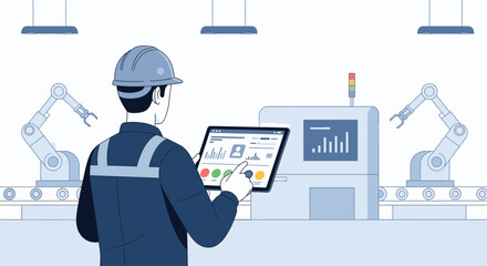 Fototapeta premium An industrial worker in a hard hat examines a tablet with industrial robots and machinery in the background in a factory setting with a focus on technology and industry.