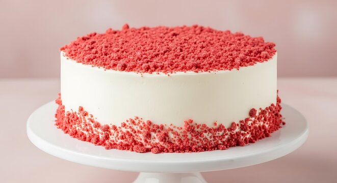 Elegant round cake on a white stand, white frosting, with red crumb topping, pink backdrop