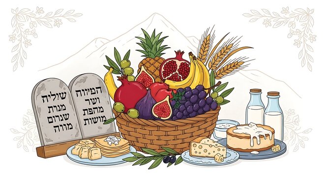 Shavuot holiday celebration with fruits dairy foods and Ten Commandments tablets