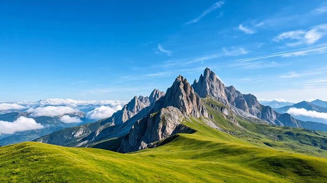 Mountain peak with green grass and clouds