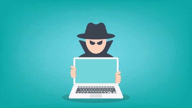 Hacker with laptop computer stealing confidential data, personal information and credit card detail. Hacking concept.