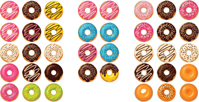 Large donut collection set with colorful glazed, chocolate and sprinkled doughnuts, sweet bakery dessert variety isolated vector illustration
