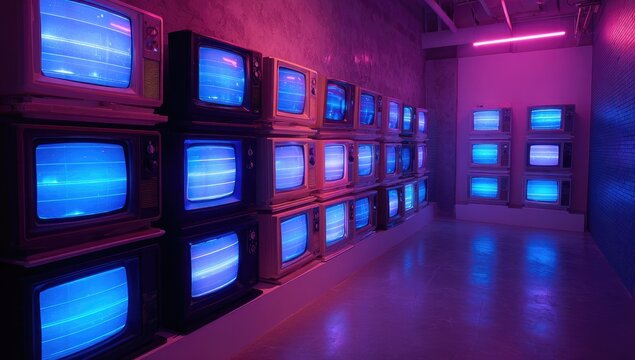 Rows of vintage televisions glowing with blue screens under pink lights