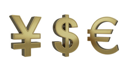 Obraz premium Gold currency symbols including yen, dollar, and euro isolated on a transparent background