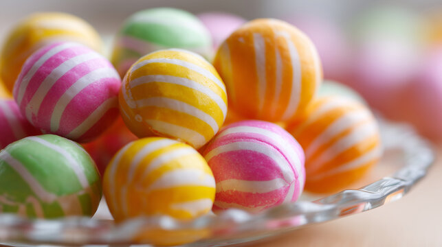 Close-up of colorful candy spheres with striped icing, festive dessert, sweet treats, pastel food still life, realistic macrorealistic close-up dessert still life of a pile of roun