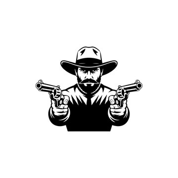 A black and white vector illustration of a bearded cowboy in a hat, pointing two revolvers directly forward. A gritty, classic wild west outlaw or gunslinger mascot.