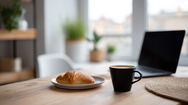 Morning Task Snack. Productive Professional Has Breakfast By Bright Window With Coffee And Pastry. Efficient Manager Works Through Breakfast Using Coffee And Croissant Beside Sunny Window