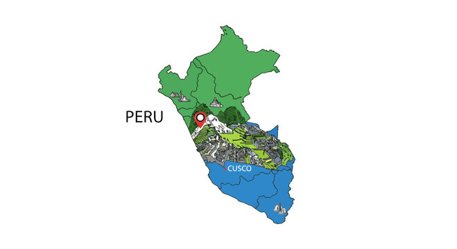 Illustrated map of Peru, highlighting its diverse geography, blending coastal, Andean, and Amazonian regions, with a marked cultural landmark