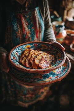 Tajadas served on colorful plate, rustic Latin kitchen setting with warm tones, hands placing freshly prepared food as part of traditional home cooking scene