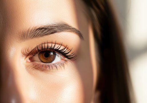 Closeup of womans eye with long eyelashes and brown iris