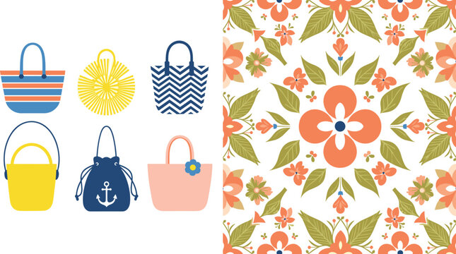 Summer beach bag vector set and seamless floral pattern featuring nautical totes straw handbags and anchor designs for vacation and fashion projects