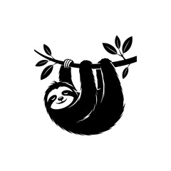 A black and white vector illustration of a cute sloth hanging upside down from a tree branch with leaves. A clean, charming silhouette ideal for nature-themed branding. © Kotliar Ivan