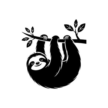 A black and white vector illustration of a cute sloth hanging upside down from a tree branch with leaves. A clean, charming silhouette ideal for nature-themed branding.