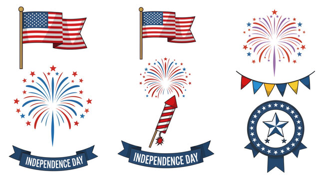 Collection of festive American patriotic symbols, including waving flags, colorful fireworks displays, decorative banners, and ribbons perfect for national holiday celebrations