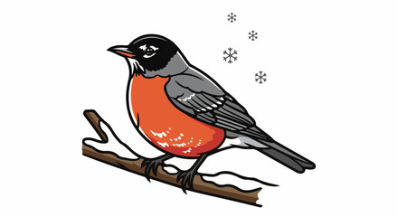 Obraz premium Stylized bird with bright orange chest on a branch in snow