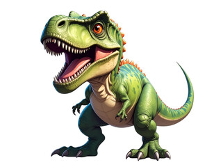 Obraz premium Cartoon tyrannosaurus rex character with green scales, orange spikes, and wide grin
