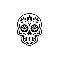 Obraz premium A black and white vector illustration of a Mexican sugar skull (Calavera) with floral eye patterns and decorative motifs. Ideal for Day of the Dead themed designs.