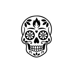 Obraz premium A black and white vector illustration of a Mexican sugar skull (Calavera) with floral eye patterns and decorative motifs. Ideal for Day of the Dead themed designs.