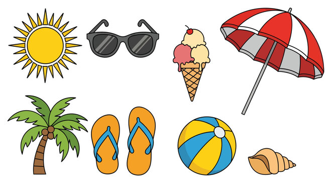 Vibrant collection of summer vacation essentials and beach holiday elements, perfect for sunny day adventures and leisure time