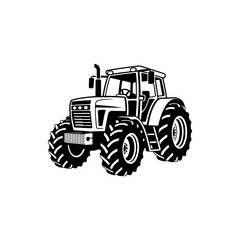Obraz premium A black and white vector illustration of a modern agricultural tractor with large tread tires. A powerful silhouette perfect for farming, machinery, and agrotech logos.