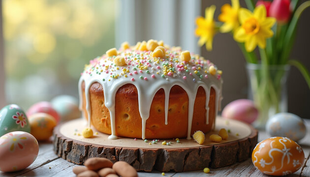 Easter cake with icing and colorful decorations on a wooden table  