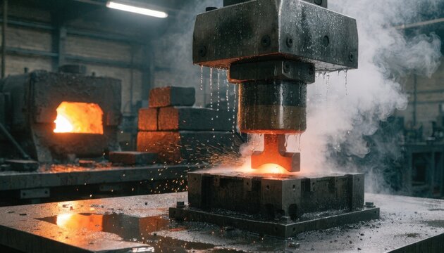 Medium shot of a heated metal billet being shaped into a durable claw hammer head under a powerful drop forging hammer in an industrial workshop.