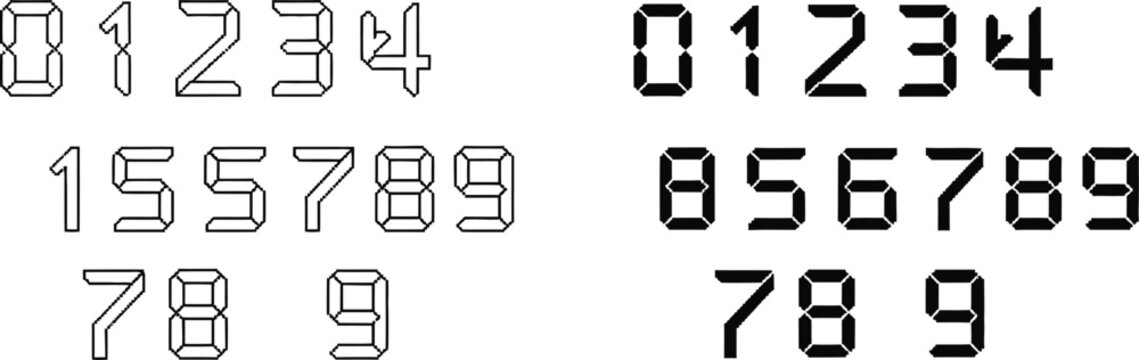 Retro digital clock numbers vector illustration set with styles