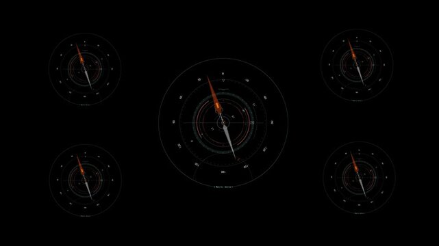 Multiple Digital Compasses Rotating on Black Background A montage of five compasses, with one centra