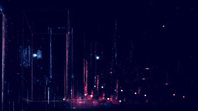 futuristic rectangles shine in purple light in dark futuristic cyber atmosphere with streaks of energy lights in technological ambiance