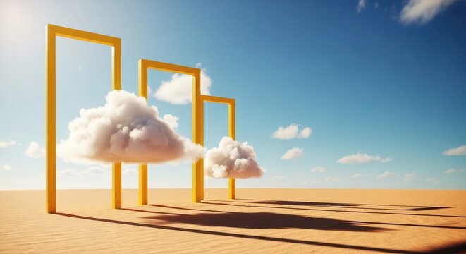 Surreal desert landscape with clouds framed by yellow rectangles