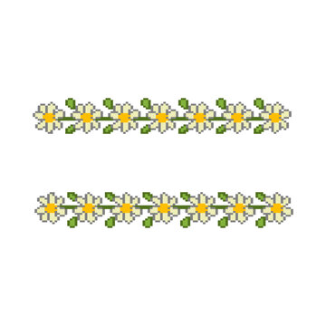 Pixel Art Two Lines Horizontal Border With White Daisy Flowers