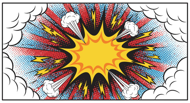 Comic book explosion with lightning bolts and clouds in vibrant colorful comic book style for graphic design