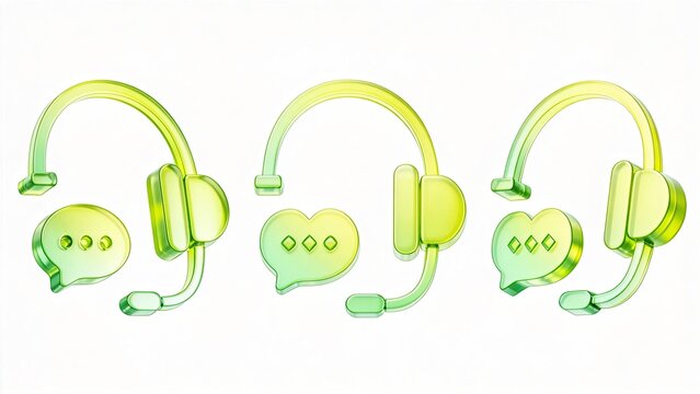 3D glassy green headset icons with chat bubbles for customer support communication call center service and digital messaging concepts on white background,detail,detail,detail