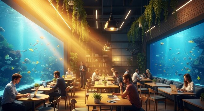 Modern cafe interior with large aquarium sunlight and people working