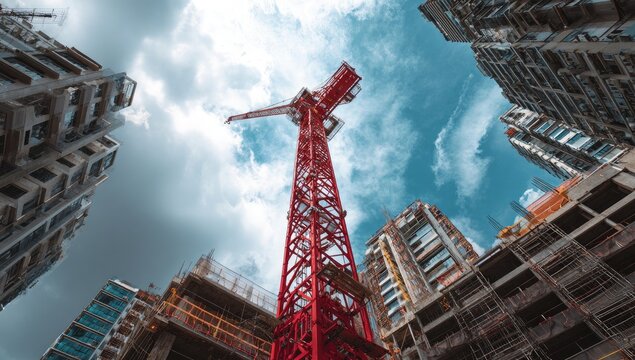 Towering red crane dominates sky amidst towering unfinished urban structures