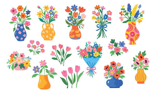Cute spring flower bouquets in vases dopamine decor flat vector set