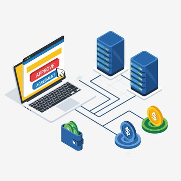 Isometric Online Agreement Approval and Payment System Illustration.