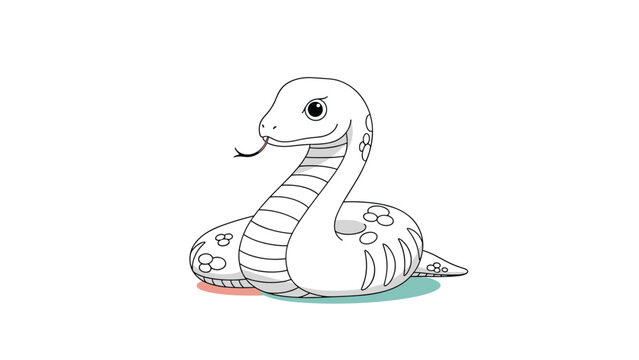 Friendly white snake character with dark spots and a red tongue sticking out depicted in a clean and simple cartoon vector illustration.
