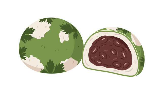 Pair of green mugwort rice cakes known as kusa mochi with one cut in half to show the sweet red bean paste filling inside the dessert.